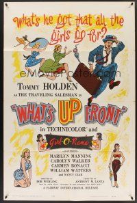 9e962 WHAT'S UP FRONT 1sh '64 Tommy Holden as bra salesman, wacky & sexy artwork!