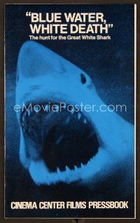 9g271 BLUE WATER, WHITE DEATH pressbook '71 cool close image of great white shark with open mouth!