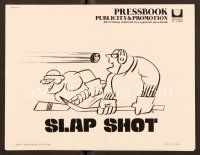 9g365 SLAP SHOT pressbook '77 cool wacky artwork of hockey players by R.G.!