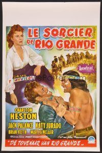 9h398 ARROWHEAD Belgian '53 art of Charlton Heston fighting Native American Jack Palance!