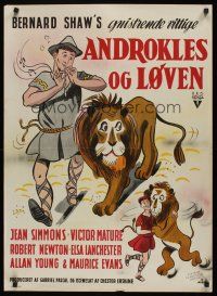 9h617 ANDROCLES & THE LION Danish '55 Victor Mature, wacky Munch artwork of lion tamer!