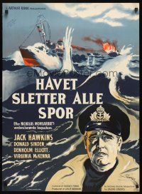 9h641 CRUEL SEA Danish '53 Wenzel art of ship captain Jack Hawkins with ships at sea!