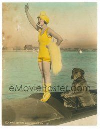 9j005 MARIE PREVOST color deluxe 6.75x8.75 still '20s the sexy actress in speedboat driven by dog!