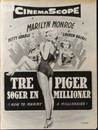 9k172 HOW TO MARRY A MILLIONAIRE Danish program '55 Marilyn Monroe, Grable & Bacall, different!