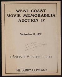 9m299 WEST COAST MOVIE MEMORABILIA AUCTION IV 09/12/82 auction catalog '82