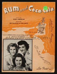 9p448 RUM & COCA-COLA sheet music '44 portrait of the Andrews Sisters + cool artwork!