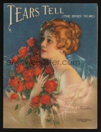9p504 TEARS TELL sheet music '19 C. & F. Wilson, great art of pretty woman holding roses!