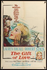 9r027 GIFT OF LOVE signed 1sh '58 by BOTH Lauren Bacall AND Robert Stack, great romantic art!