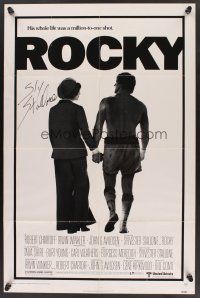 9r023 ROCKY signed 1sh '77 by Sylvester Stallone, holding hands with Talia Shire, boxing classic!