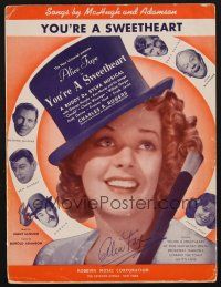 9r077 ALICE FAYE signed sheet music '37 on You're a Sweetheart, cool image of Faye in top hat!