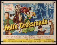9s519 HELL'S CROSSROADS 1/2sh '57 Stephen McNally as Jesse James on horse & sexy Peggy Castle!