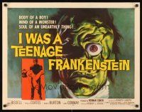 9s542 I WAS A TEENAGE FRANKENSTEIN paperbacked 1/2sh '57 wonderful close up art of wacky monster!