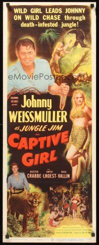 9t063 CAPTIVE GIRL insert '50 Johnny Weissmuller as Jungle Jim, Buster Crabbe, sexy jungle babe!