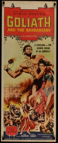 9t173 GOLIATH & THE BARBARIANS insert '59 art of Steve Reeves protecting sexy Chelo Alonso!