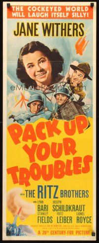 9t331 PACK UP YOUR TROUBLES insert '39 great art of Ritz Brothers as soldiers & Jane Withers too!