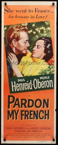 9t334 PARDON MY FRENCH insert '51 Paul Henreid, Merle Oberon went to France for lessons in love!