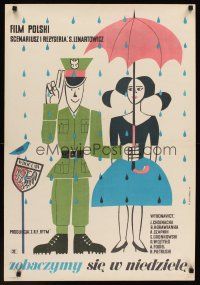 9x123 SEE YOU ON SUNDAY Polish 23x33 '60 Stanchurski art of couple standing in rain!