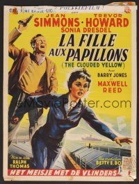 9y616 CLOUDED YELLOW Belgian '50 art of Jean Simmons running from Trevor Howard with gun!
