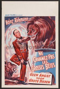 9y683 KEINE ANGST VOR GROBEN TIEREN Belgian '53 wacky art of Heinz Ruhmann with circus lion!