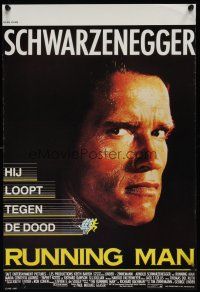 9y744 RUNNING MAN Belgian '87 huge close up headshot of Arnold Schwarzenegger!