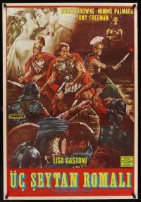 9y082 THREE SWORDS FOR ROME Turkish '66 cool artwork of three gladiators in battle by Piovano!