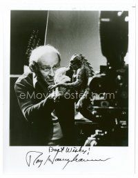 9z279 RAY HARRYHAUSEN signed 8x10 REPRO still '80s the master animator with one of his creations!