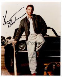 9z261 KEVIN COSTNER signed color 8x10 REPRO still '00s portrait leaning on car from Bull Durham!