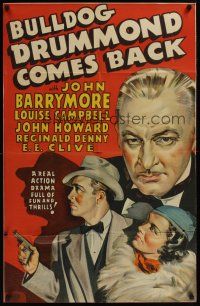 1a119 BULLDOG DRUMMOND COMES BACK other company 1sh '37 John Barrymore, John Howard as Drummond!