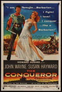 1a180 CONQUEROR style A 1sh '56 barbarian John Wayne grabs half-dressed sexy Susan Hayward!