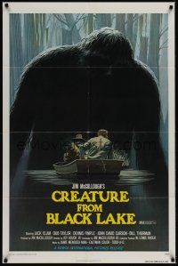 1a191 CREATURE FROM BLACK LAKE 1sh '76 cool art of monster looming over guys in boat by McQuarrie!