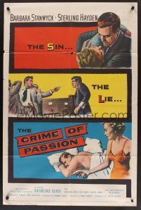 1a193 CRIME OF PASSION 1sh '57 sexy Barbara Stanwyck w/gun to shoot Sterling Hayden!