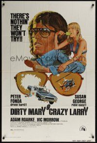 1a246 DIRTY MARY CRAZY LARRY 1sh '74 art of Peter Fonda & sexy Susan George sucking on popsicle!