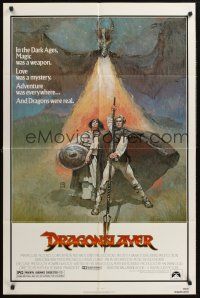 1a260 DRAGONSLAYER 1sh '81 cool Jeff Jones fantasy artwork of Peter MacNicol w/spear, dragon!
