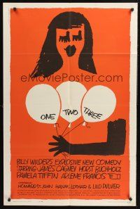 1a673 ONE, TWO, THREE 1sh '62 Billy Wilder, James Cagney, Saul Bass art of girl w/balloons!
