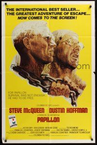 1a686 PAPILLON int'l 1sh '74 great art of prisoners Steve McQueen & Dustin Hoffman by Tom Jung!