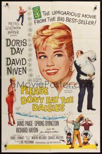 1a705 PLEASE DON'T EAT THE DAISIES 1sh '60 artwork of pretty smiling Doris Day, David Niven w/dog!
