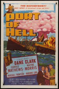 1a708 PORT OF HELL 1sh '54 art of Communist ship with atom bombs about to blow!