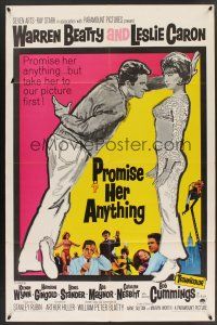 1a715 PROMISE HER ANYTHING 1sh '66 art of Warren Beatty w/fingers crossed & pretty Leslie Caron!