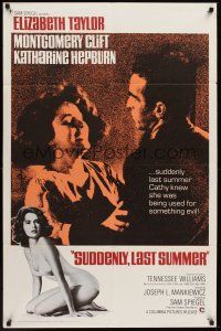 1a848 SUDDENLY, LAST SUMMER 1sh R67 close-up of Montgomery Clift & Elizabeth Taylor, + swimsuit!