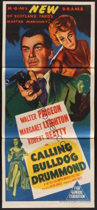1d271 CALLING BULLDOG DRUMMOND Aust daybill '51 detective Walter Pidgeon pointing gun!