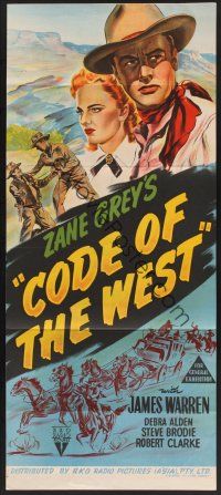 1d282 CODE OF THE WEST Aust daybill '47 Zane Grey, cool cowboy western stone litho!