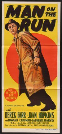 1d392 MAN ON THE RUN Aust daybill '49 full-length stone litho of Derek Farr, English crime thriller!