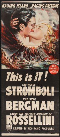 1d480 STROMBOLI Aust daybill '50 Ingrid Bergman, directed by Roberto Rossellini, cool volcano art!
