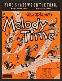 1e823 MELODY TIME sheet music '48 Walt Disney, cool cartoon art, Blue Shadows on the Trail!