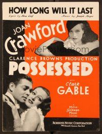 1e851 POSSESSED sheet music '31 Joan Crawford, Clark Gable, How Long Will It Last!