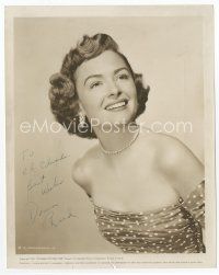 1e214 DONNA REED signed 8x10 still '51 smiling portrait in shoulderless dress & pearl necklace!
