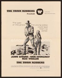 1f638 TRAIN ROBBERS pressbook '73 great full-length art of cowboy John Wayne & sexy Ann-Margret!