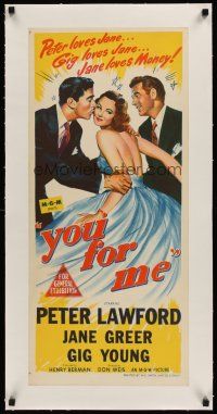 1g204 YOU FOR ME linen Aust daybill '52 pretty Jane Greer between Peter Lawford & Gig Young!