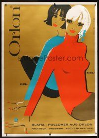 1g072 ORLON linen Austrian '65 artwork of sexy women in acrylic sweaters by Hoffman & Patsi!