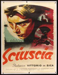 1g039 SHOESHINE linen French 1p '47 Vittorio De Sica's classic Sciuscia, wonderful art by R.V.!